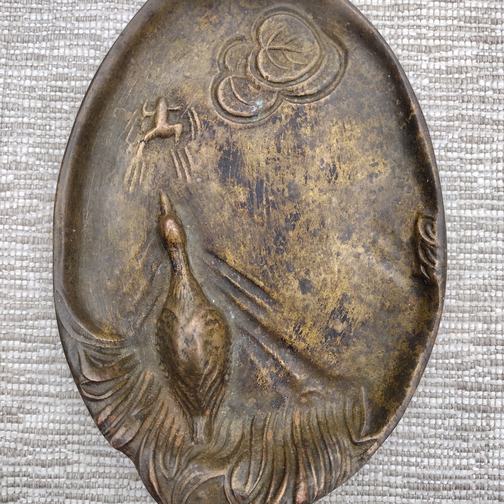 Vintage Bronze Original Patina Tray Of Duck Chasing A Frog